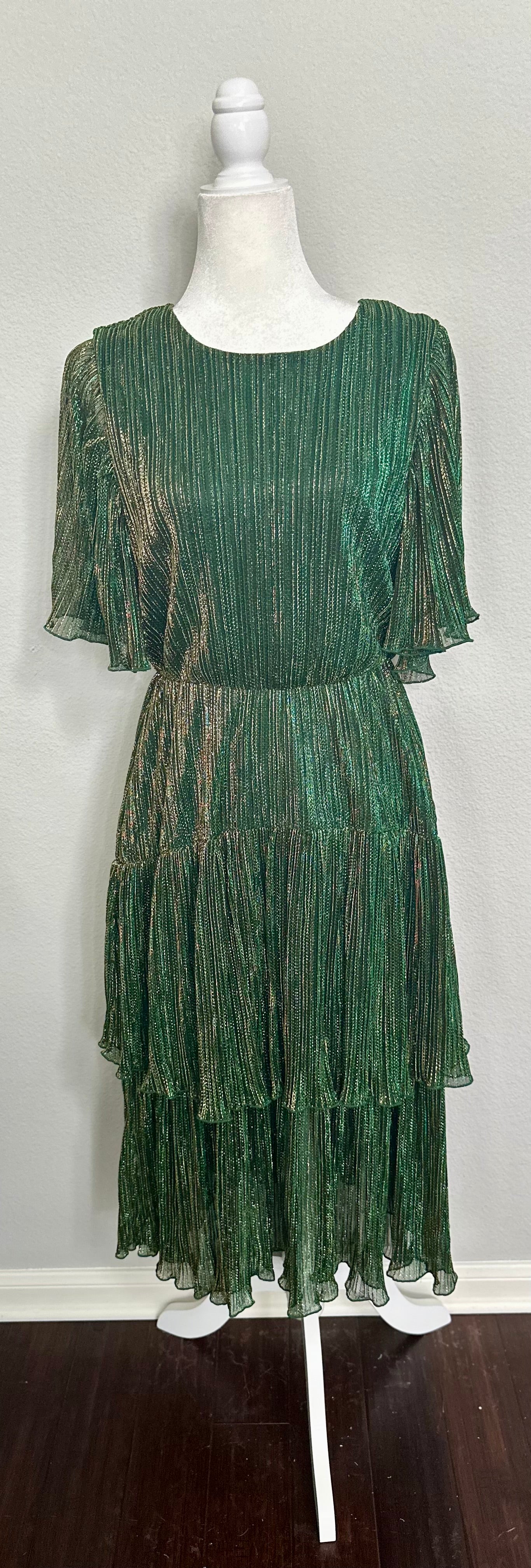 Sugar Lips Sugarlips Shimmering Green Short Sleeve Midi Dress Size Small Tiered Skirt | Sz: S
