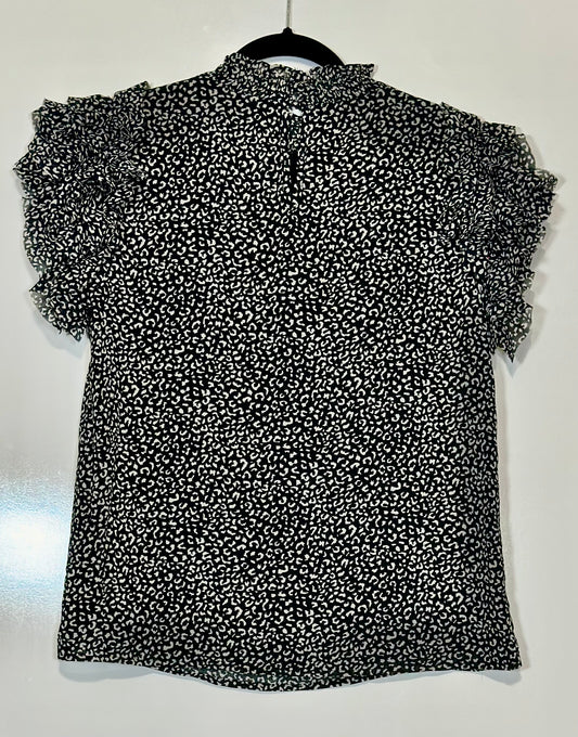 Leopard Mock Neck Ruffle Blouse