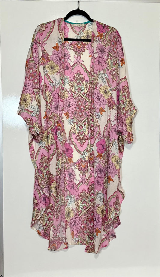 White & Pink Floral Mixed Open Front Kimono- Curvy