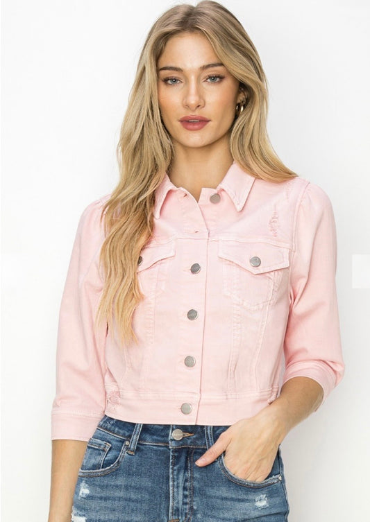 Blush Rush Crop Distressed Denim Jacket