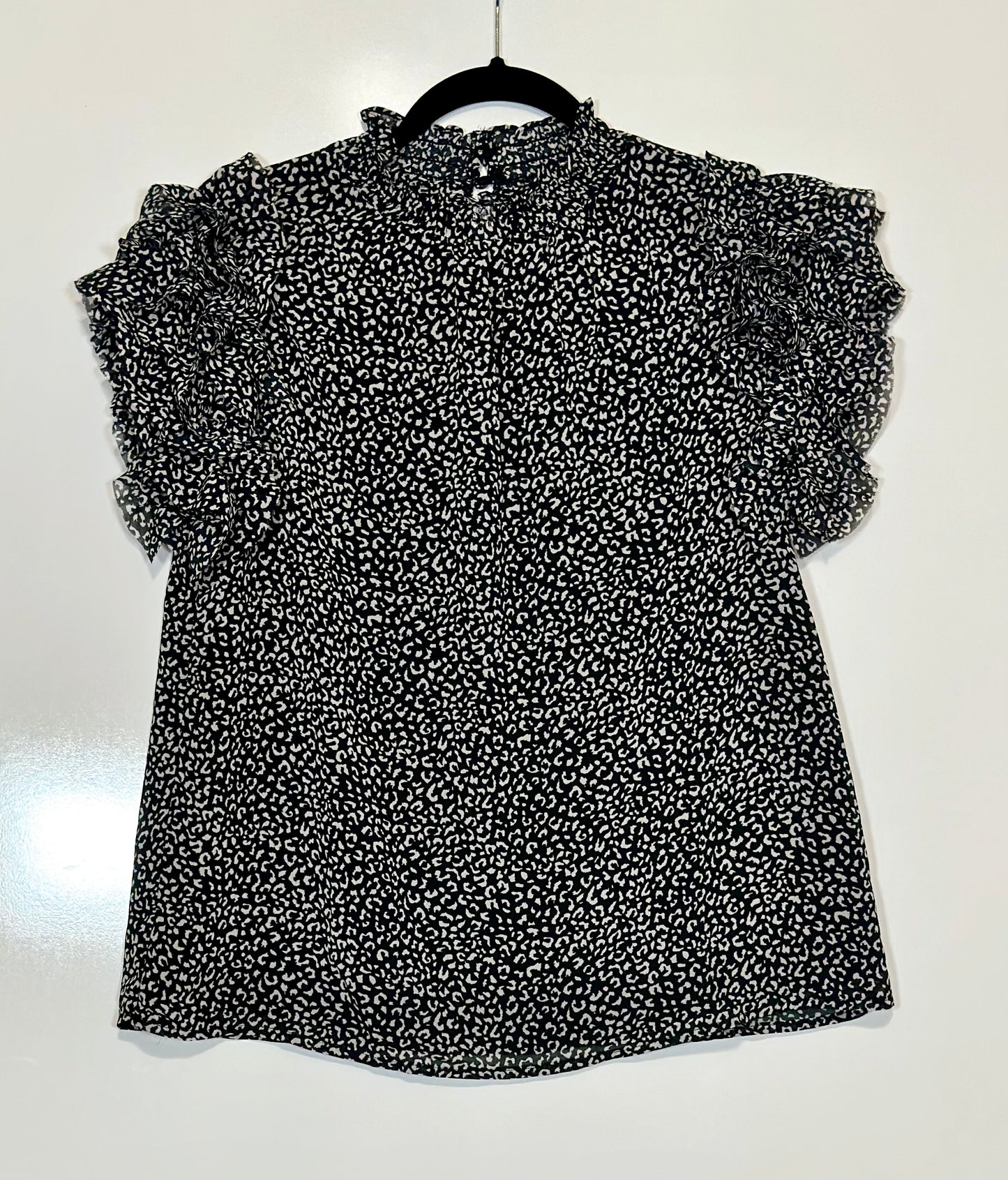 Leopard Mock Neck Ruffle Blouse