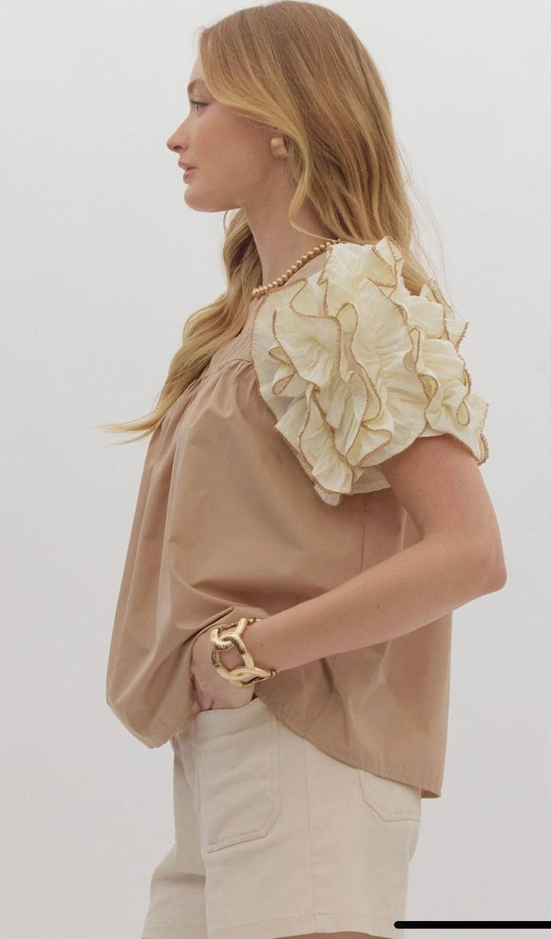 Mocha Meringue Ruffle Tee Blouse