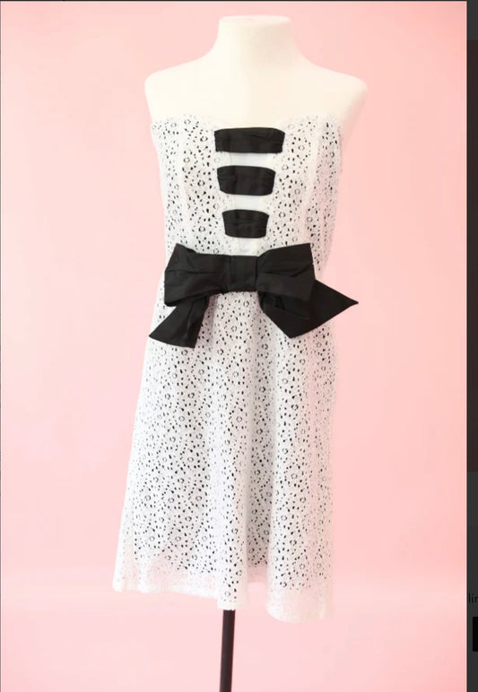 White Eyelet Dress with Black Accent Bow- Off the shoulder