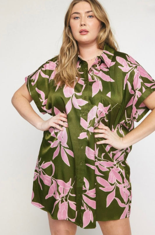 Olive Petal Charm Mini Dress- Curvy