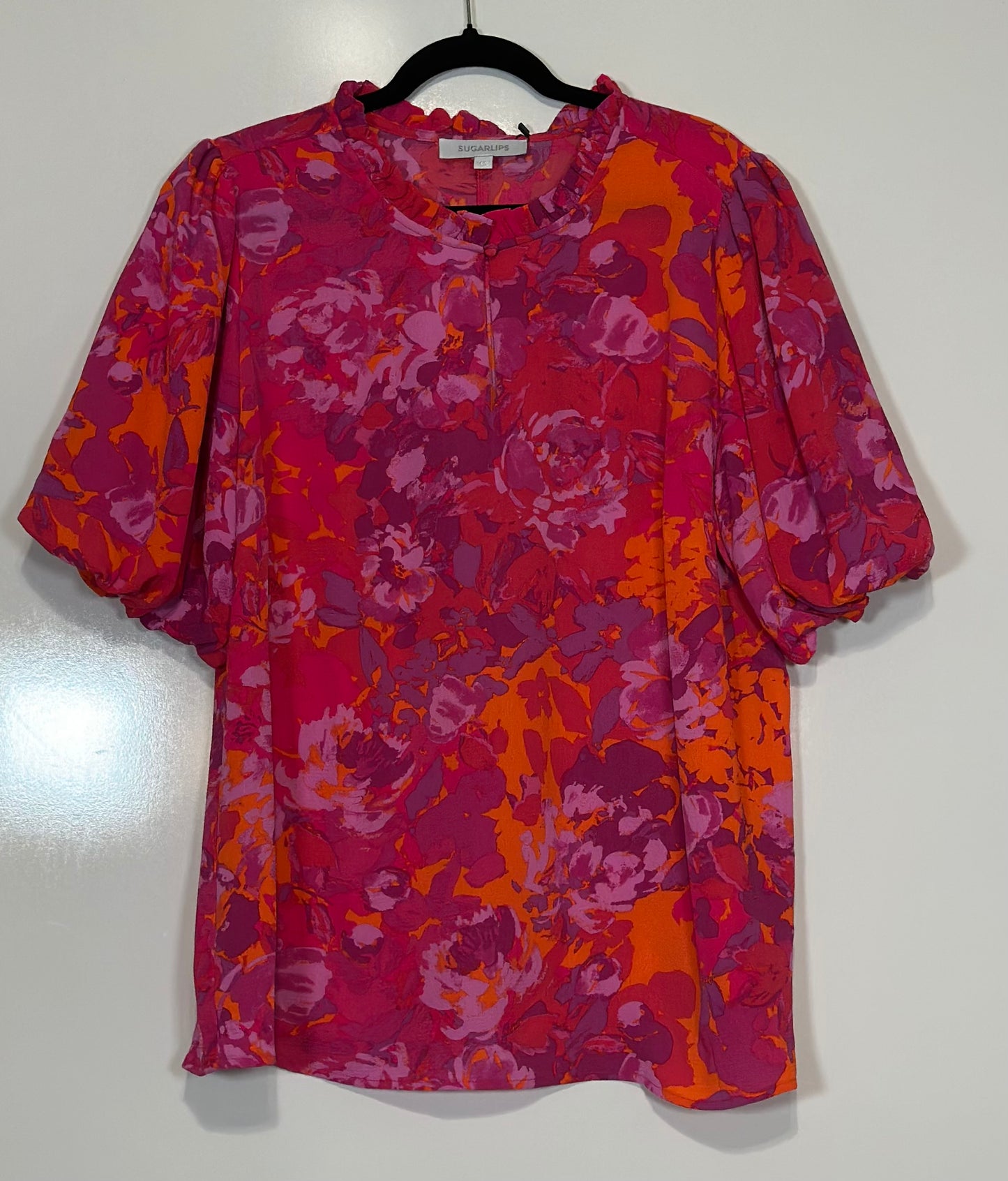 Flirty Floral Split Neck Orange/Pink Top - Curvy