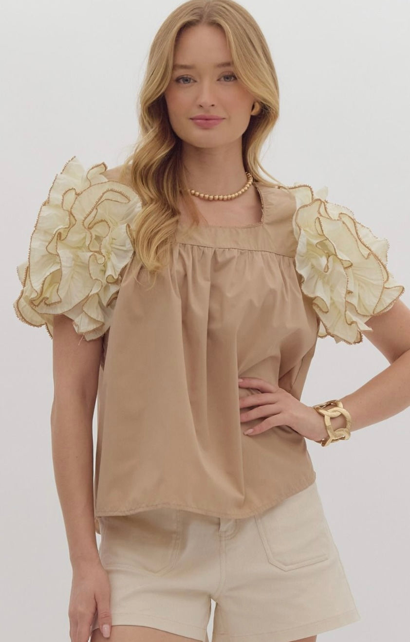 Mocha Meringue Ruffle Tee Blouse