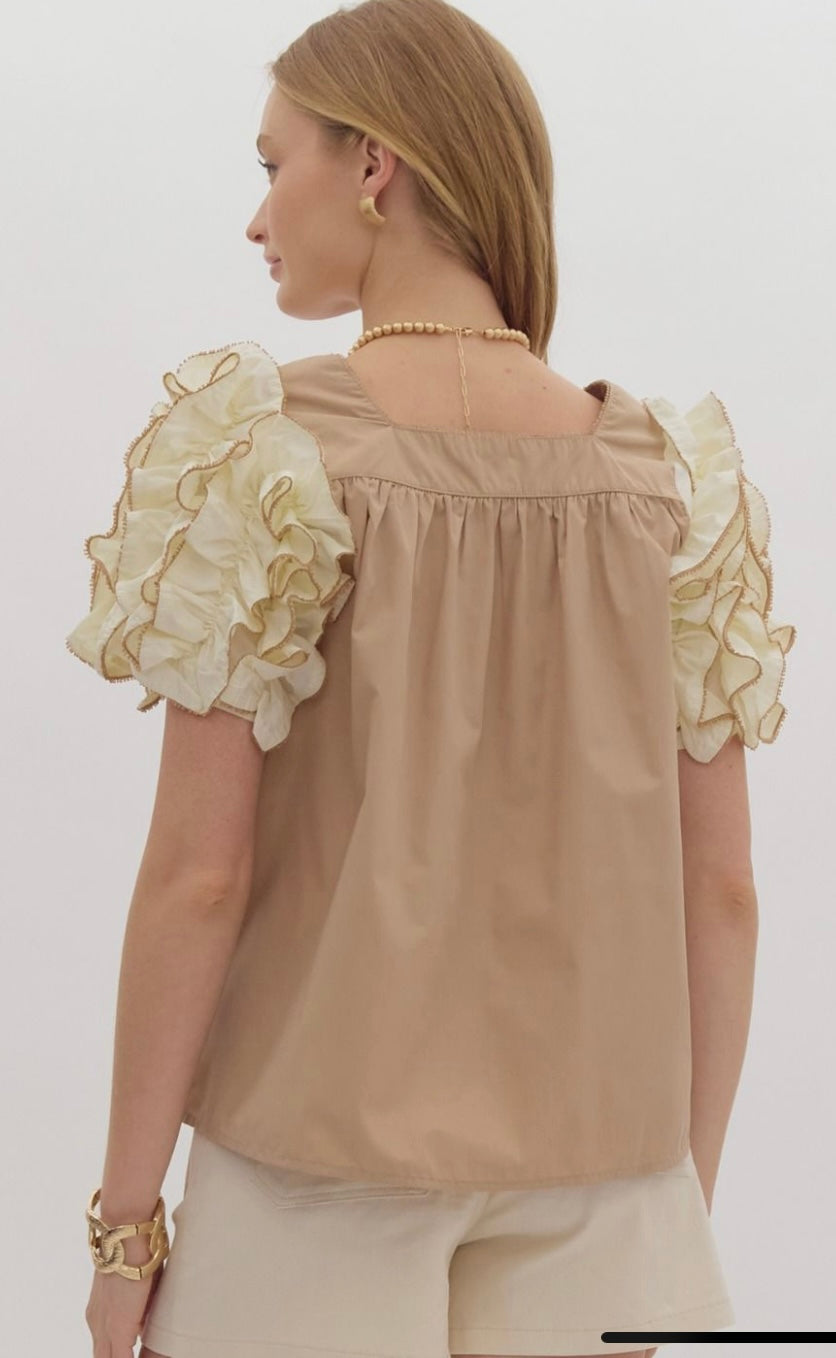 Mocha Meringue Ruffle Tee Blouse