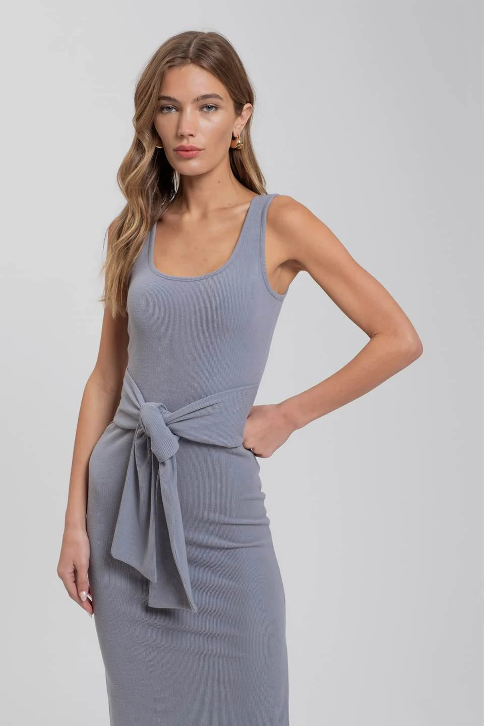 Tie Front Sweater Ribbed Midi Dress